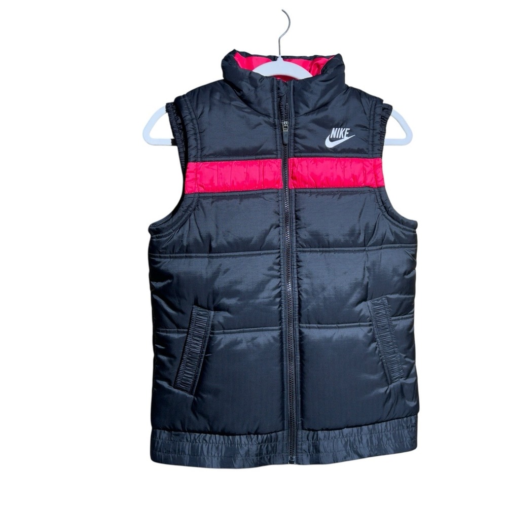 Nike Puffer Vest Youth Girls XL (16) Black & Pink Thick Full Zip w/ Pockets